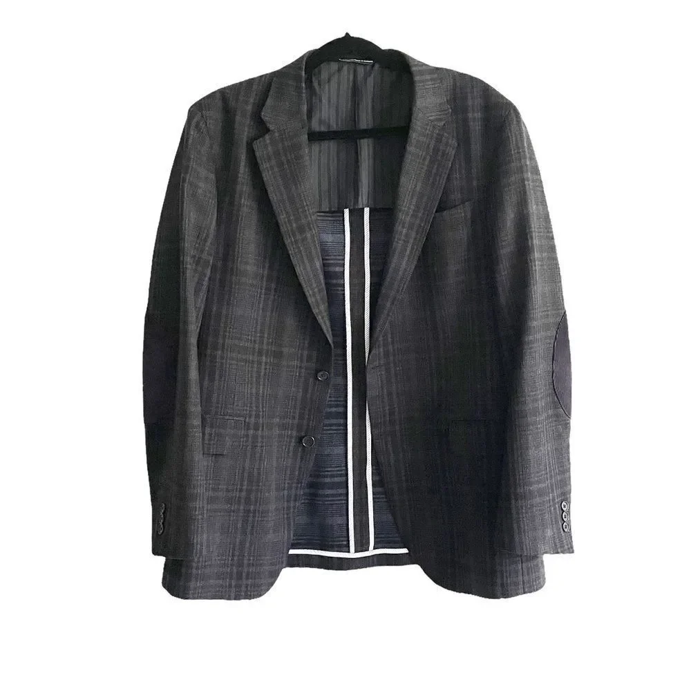 COPPLEY Wool Plaid Blazer Jacket Corduroy Elbow Patches Blue 42L